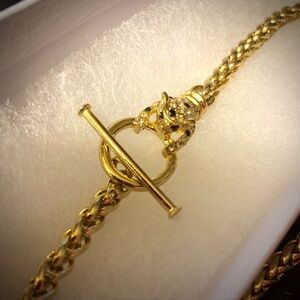 Toggle Clasp Gold Tone Braided Chain Rhinestone Accented Panther Choker 16in